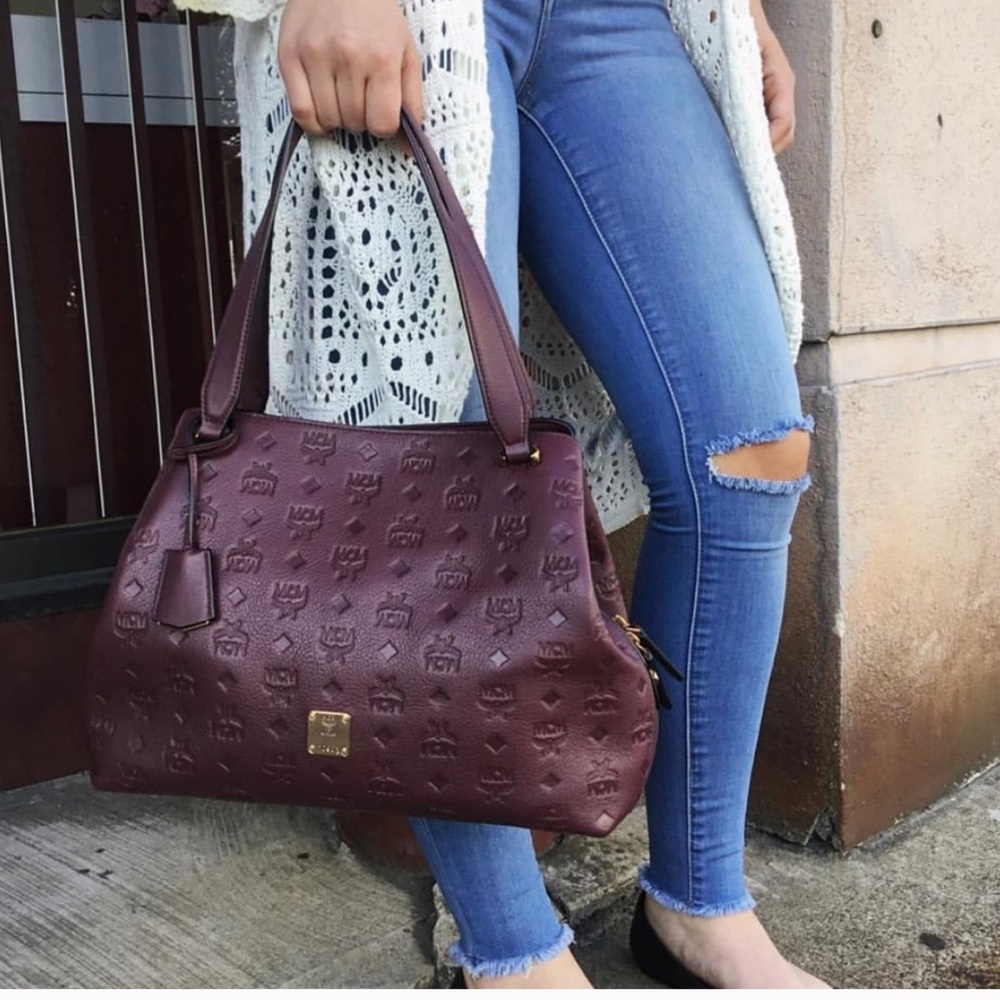 MCM Tote In Monogram Burgundy Nappa Leather